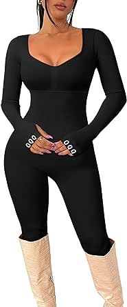 OQQ Women‘s Yoga Jumpsuits Workout Ribbed Workout Long Sleeve Tops Padded Sports Bra Exercise Jumpsuits