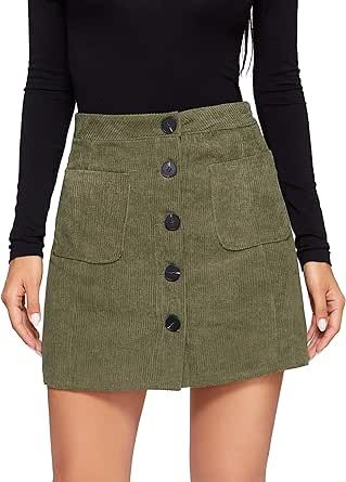 WDIRARA Women's Mid Waist Corduroy A-line Slim fit Button Casual Mini Skirt